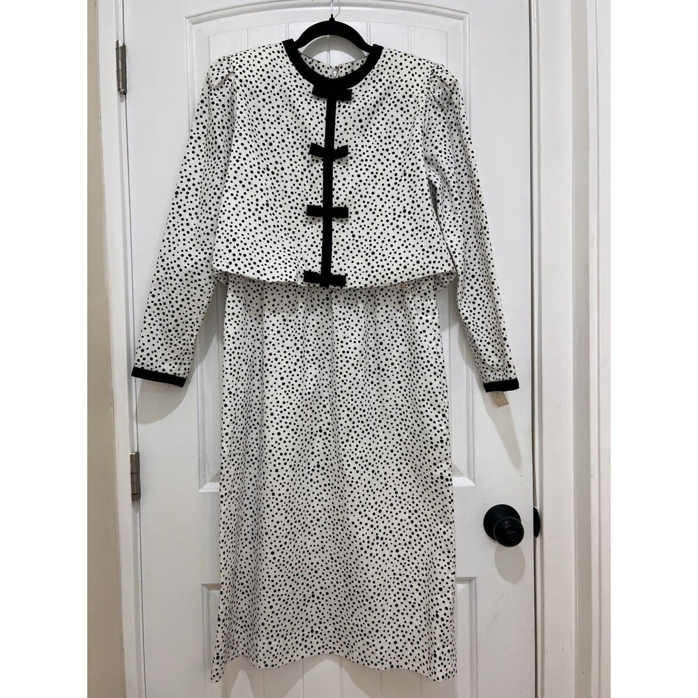 Vintage Parnes Feinstein Dress Polka Dot Trad-Wife White Black Made USA Sz 8